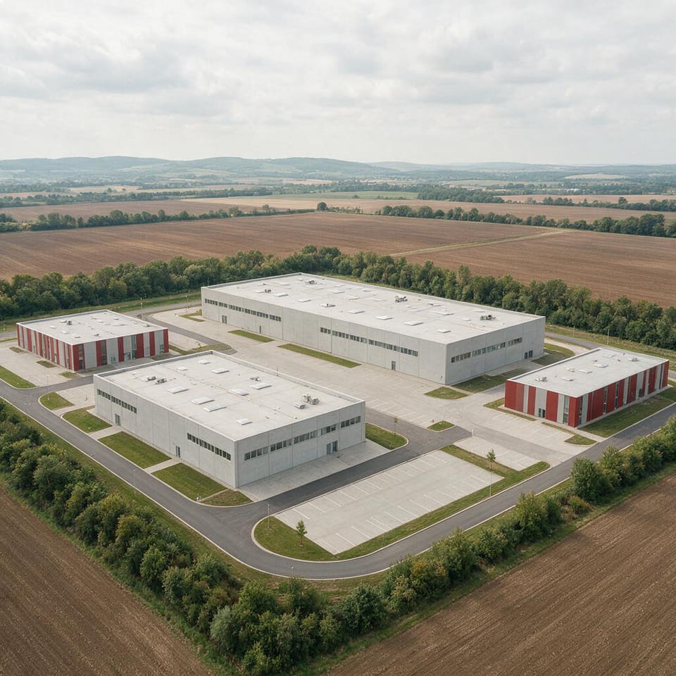 Letecký pohled na areál technologického parku s&nbsp;halami, komunikacemi a&nbsp;okolními poli.